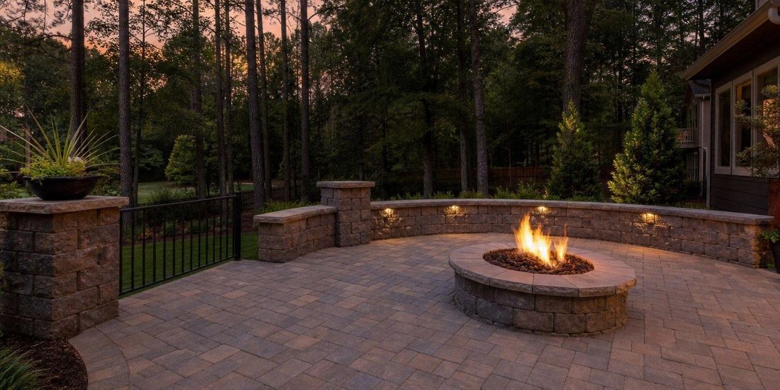 Paver patio with a seating wall and fire pit at dusk