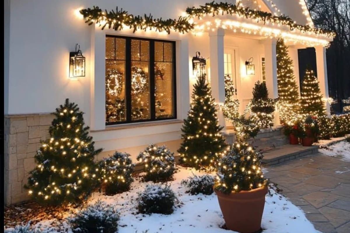 Warm white holiday lights along the roofline of a brick home at dusk