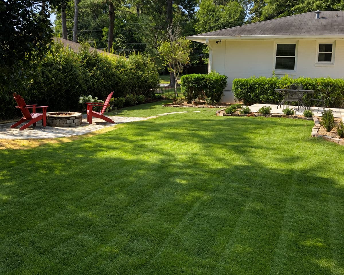 Newly installed sod and planting beds in a backyard with a fire pit seating area
