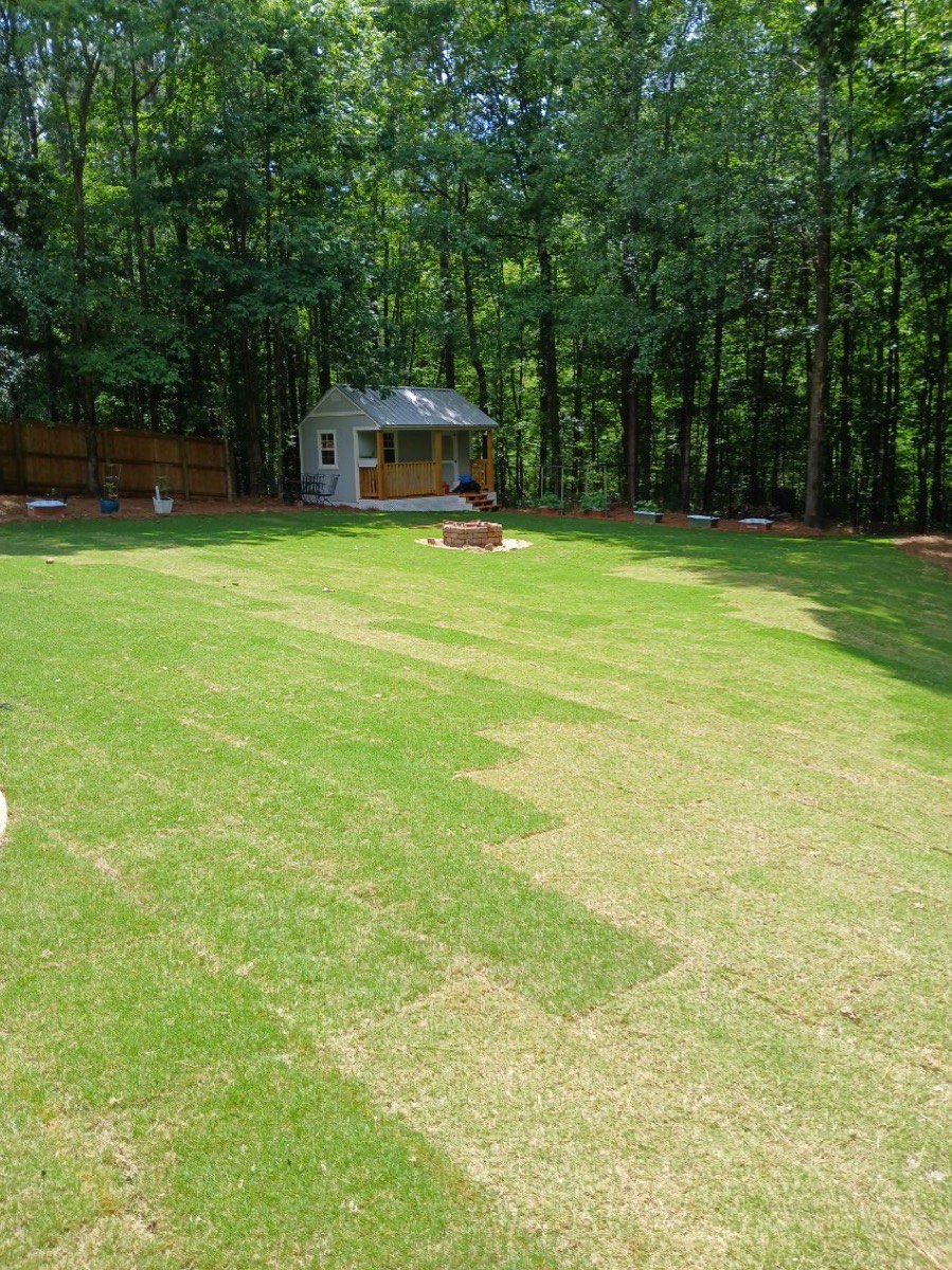 Fresh sod installation across a large backyard with fire pit in Phenix City, AL